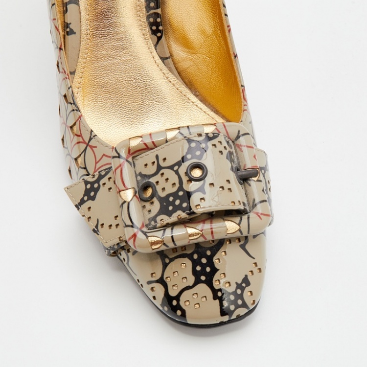 Pre Owned Bottega Veneta Grey Printed Patent Leather Block Heel Buckle Detail Pumps Size 35.5