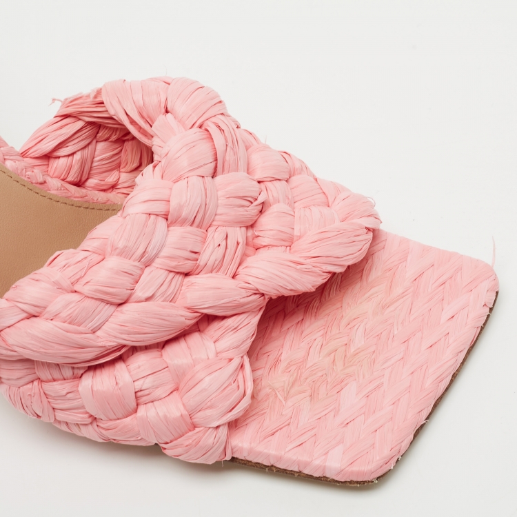 Pre Owned Bottega Veneta Pink Woven Raffia Slide Sandals Size 38.5
