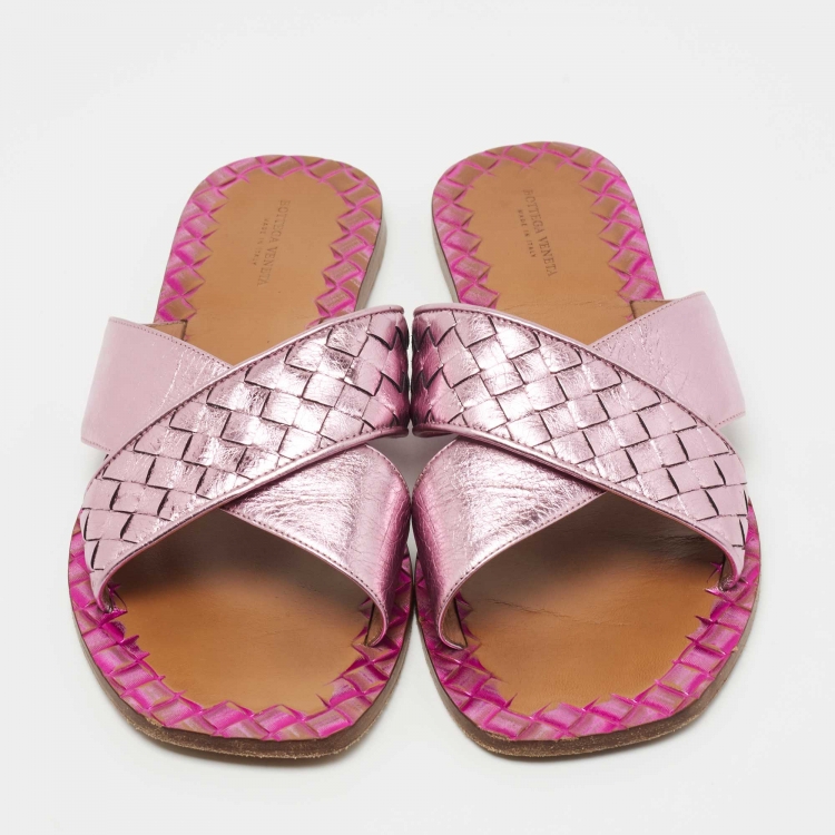 Pre Owned Bottega Veneta Metallic Purple Intrecciato Leather Ravello Flat Slides Size 41