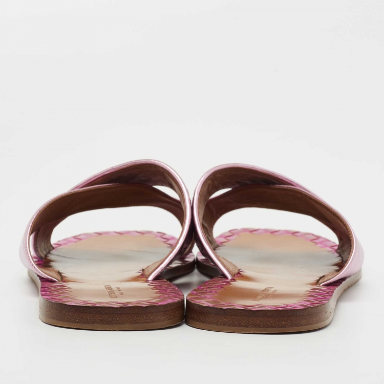 Pre Owned Bottega Veneta Metallic Purple Intrecciato Leather Ravello Flat Slides Size 41