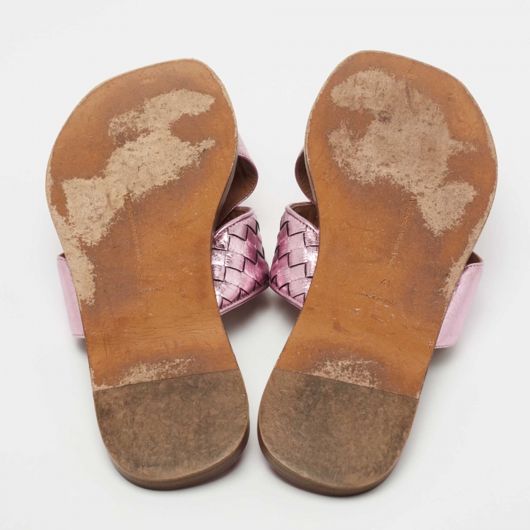 Pre Owned Bottega Veneta Metallic Purple Intrecciato Leather Ravello Flat Slides Size 41