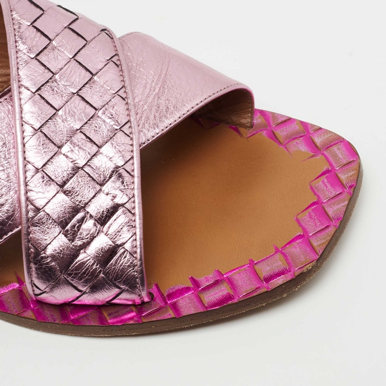 Pre Owned Bottega Veneta Metallic Purple Intrecciato Leather Ravello Flat Slides Size 41