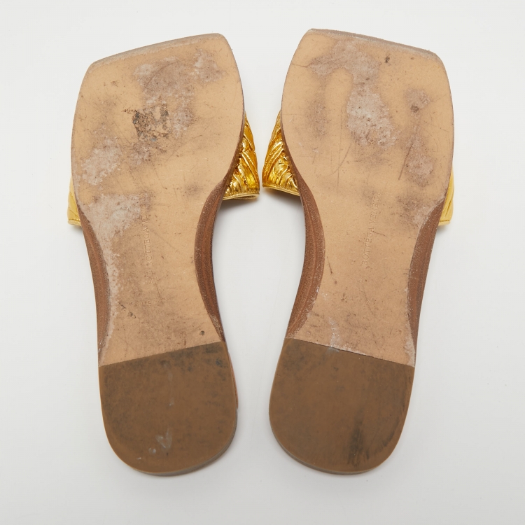 Pre Owned Bottega Veneta Gold Leather Slide Flats Size 41