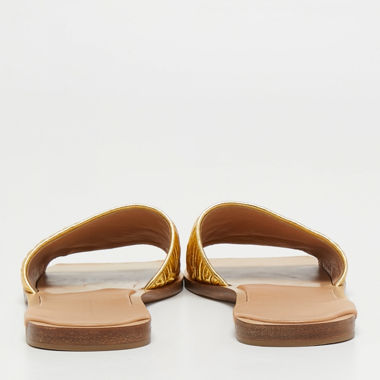 Pre Owned Bottega Veneta Gold Leather Slide Flats Size 41