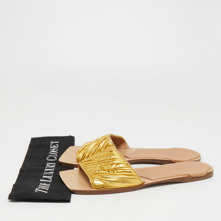 Pre Owned Bottega Veneta Gold Leather Slide Flats Size 41