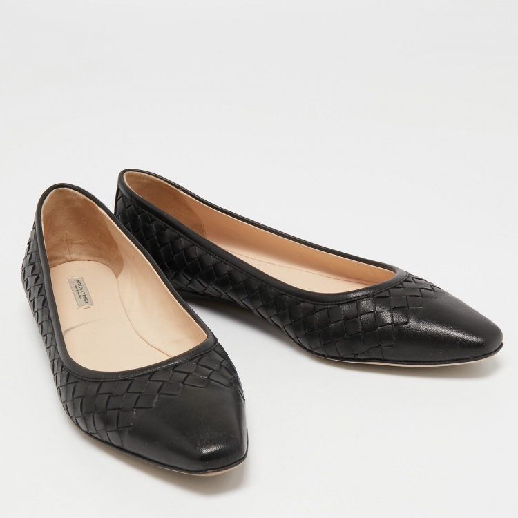 Pre Owned Bottega Veneta Black Intrecciato Leather Ballet Flats Size 39.5