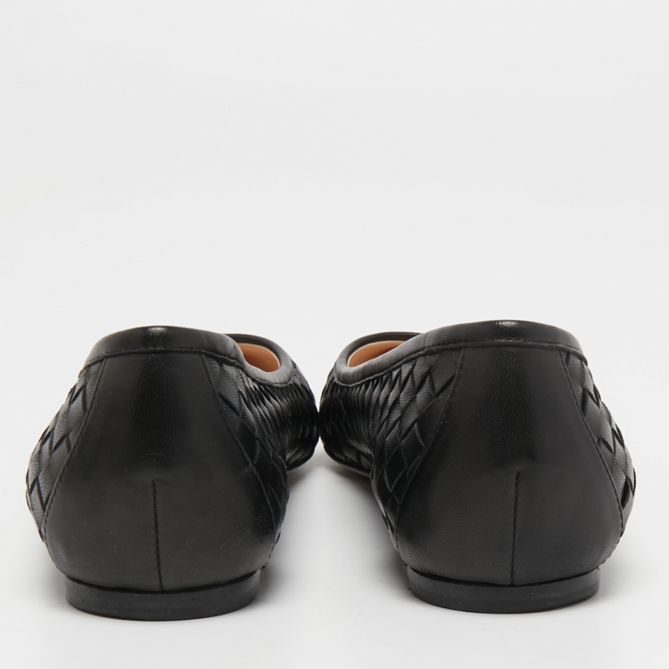 Pre Owned Bottega Veneta Black Intrecciato Leather Ballet Flats Size 39.5