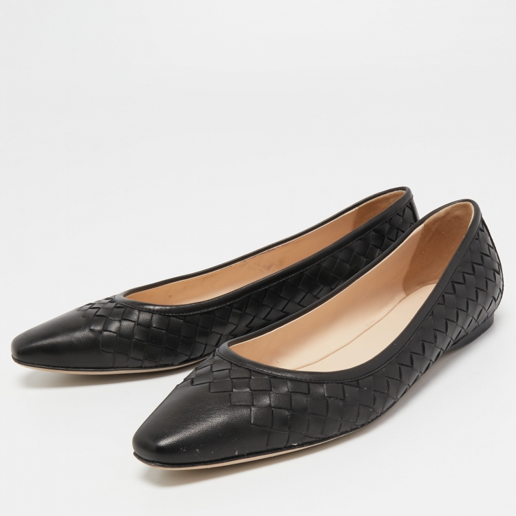 Pre Owned Bottega Veneta Black Intrecciato Leather Ballet Flats Size 39.5