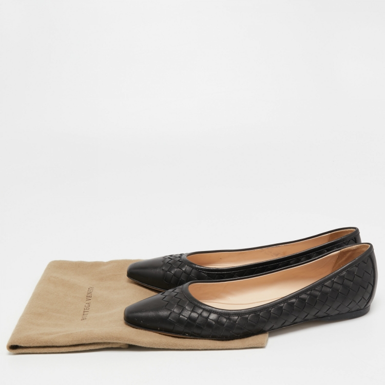 Pre Owned Bottega Veneta Black Intrecciato Leather Ballet Flats Size 39.5
