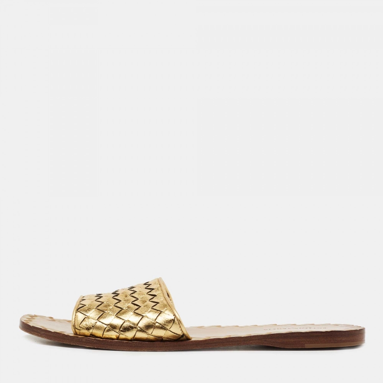 Pre Owned Bottega Veneta Gold Intrecciato Leather Flat Slides Size 37.5