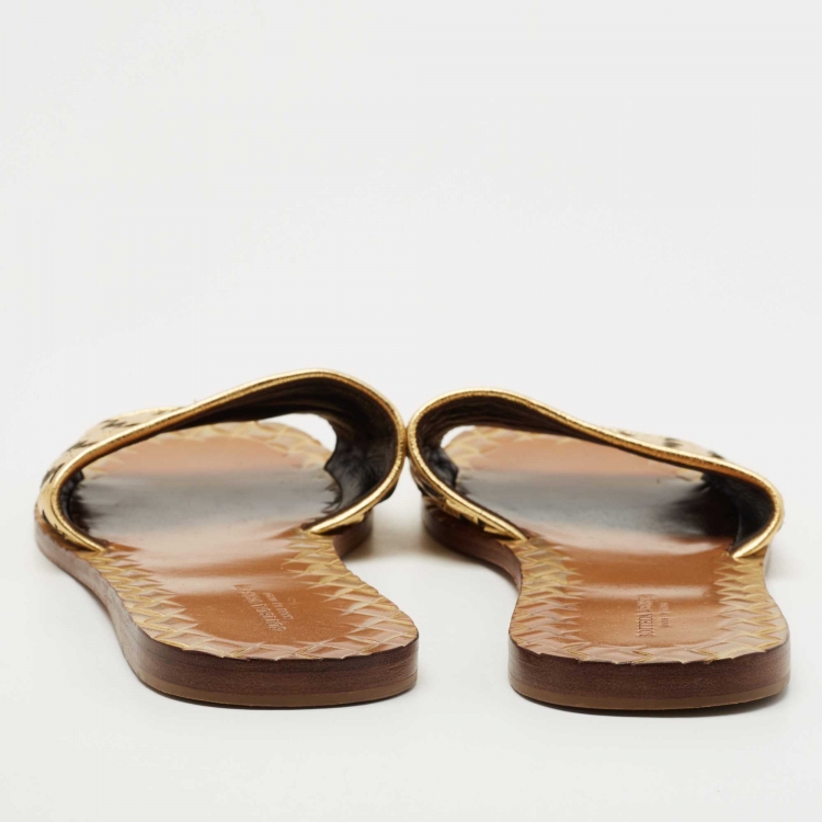 Pre Owned Bottega Veneta Gold Intrecciato Leather Flat Slides Size 37.5