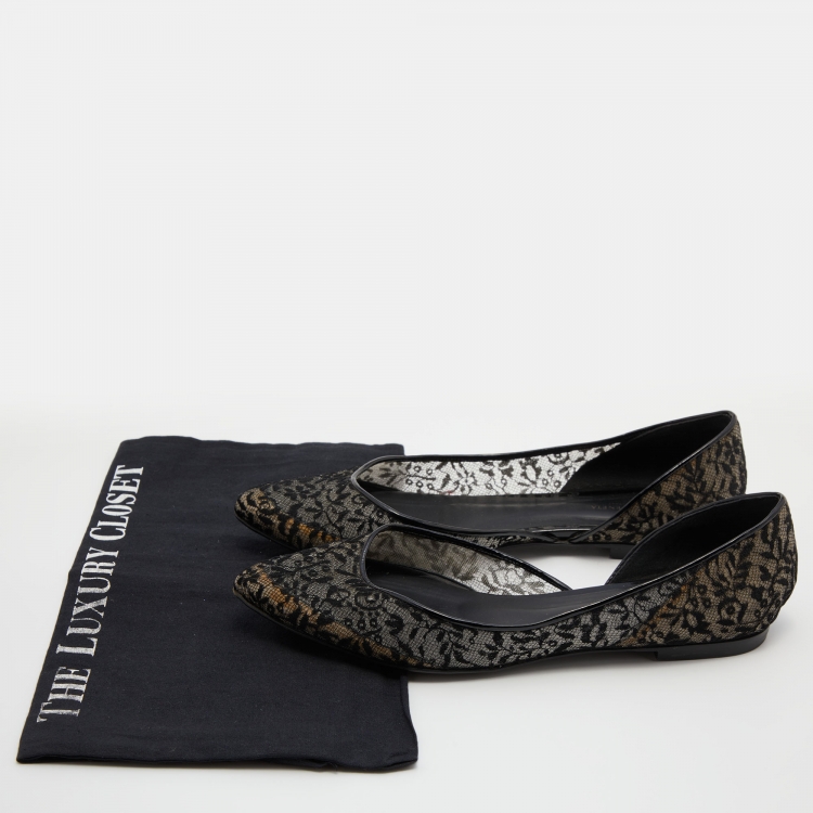 Pre Owned Bottega Veneta Black Lace and Patent Leather Ballet Flats Size 39