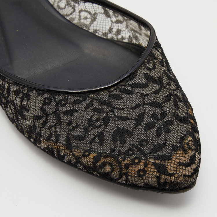 Pre Owned Bottega Veneta Black Lace and Patent Leather Ballet Flats Size 39