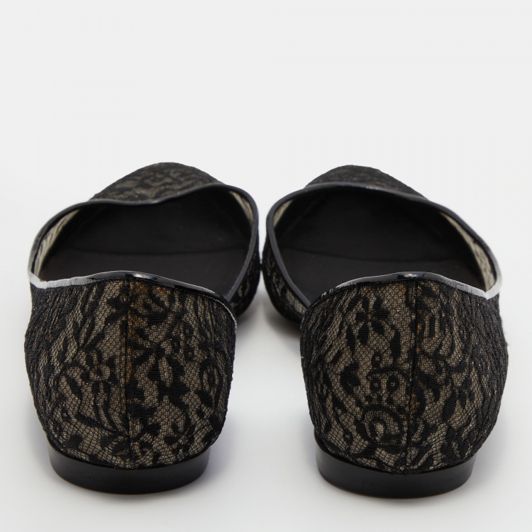 Pre Owned Bottega Veneta Black Lace and Patent Leather Ballet Flats Size 39