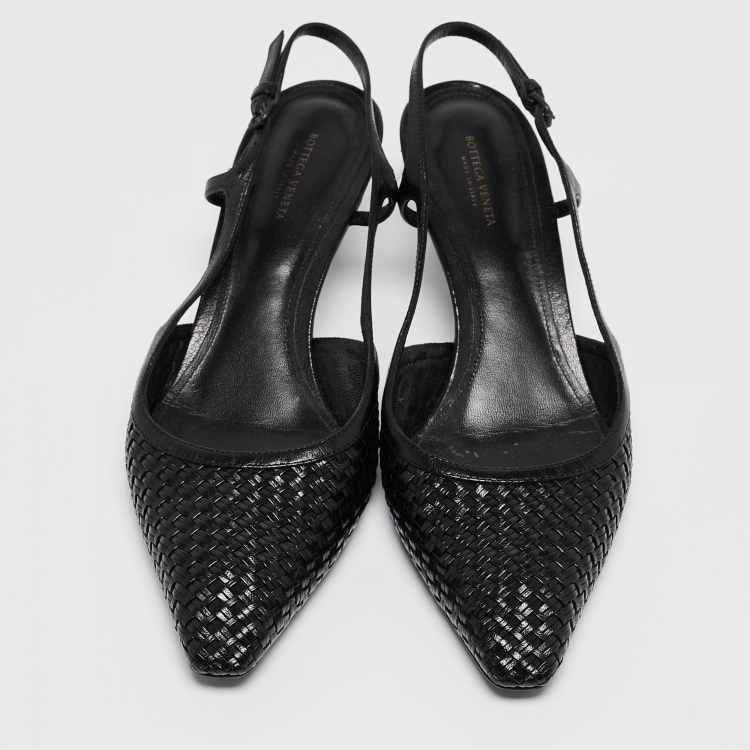 Pre Owned Bottega Veneta Black Intrecciato Leather Slingback Pumps Size 39.5