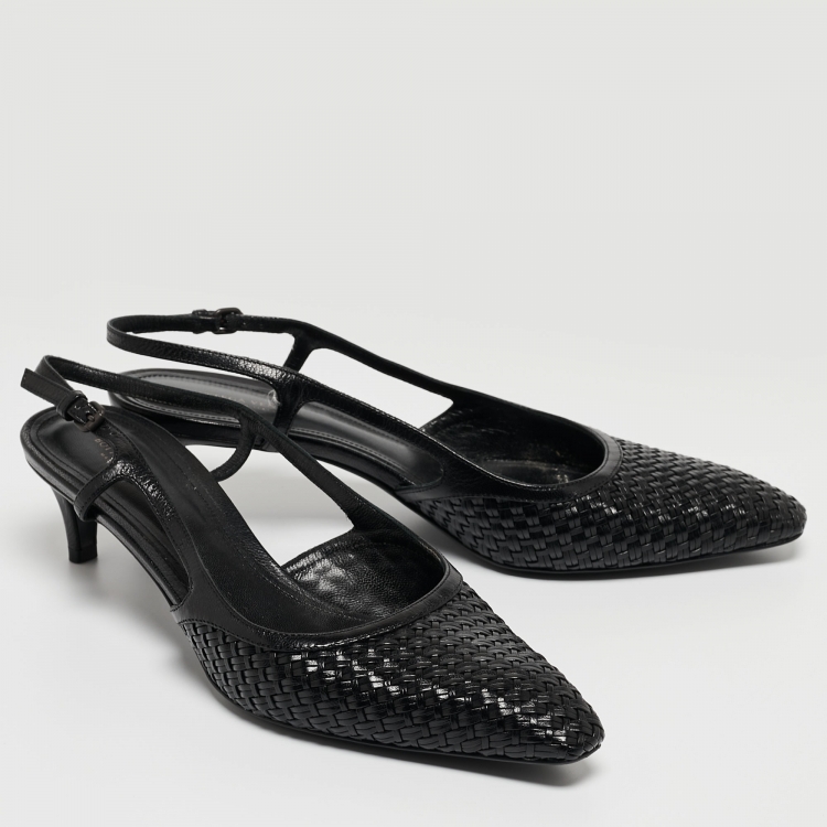 Pre Owned Bottega Veneta Black Intrecciato Leather Slingback Pumps Size 39.5