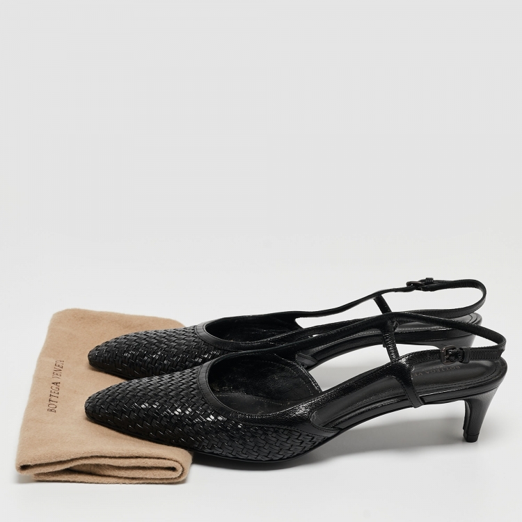Pre Owned Bottega Veneta Black Intrecciato Leather Slingback Pumps Size 39.5