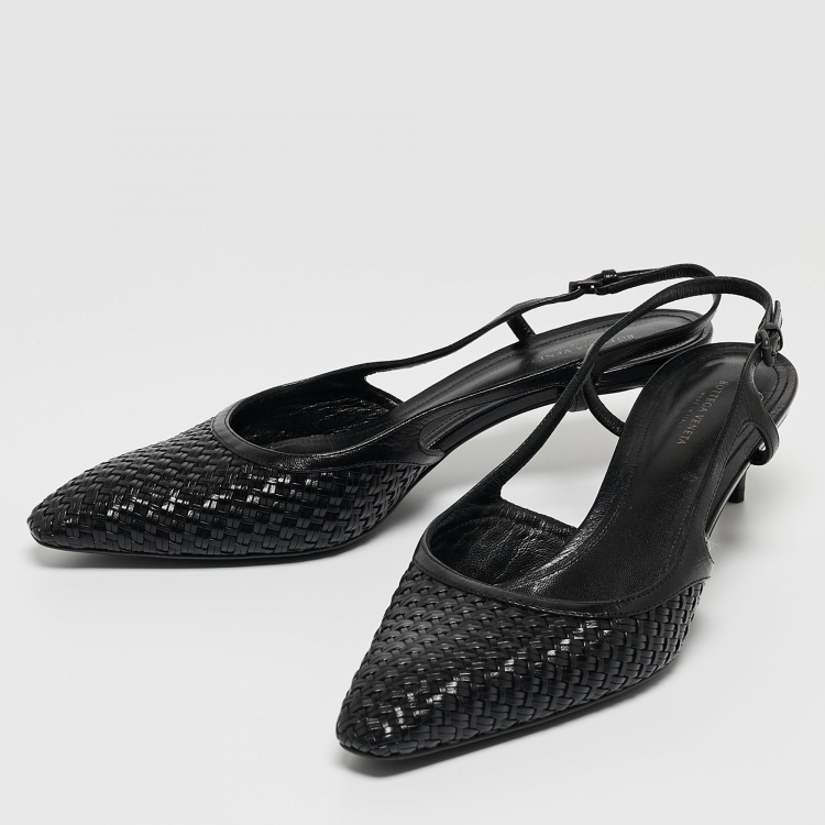 Pre Owned Bottega Veneta Black Intrecciato Leather Slingback Pumps Size 39.5