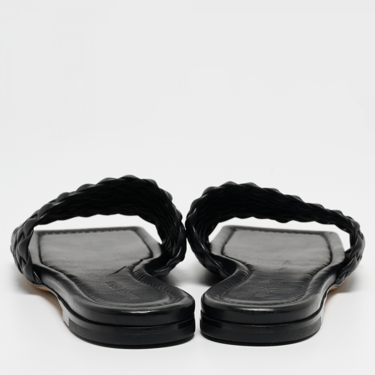 Pre Owned Bottega Veneta Black Intrecciato Leather Flat Slides Size 39