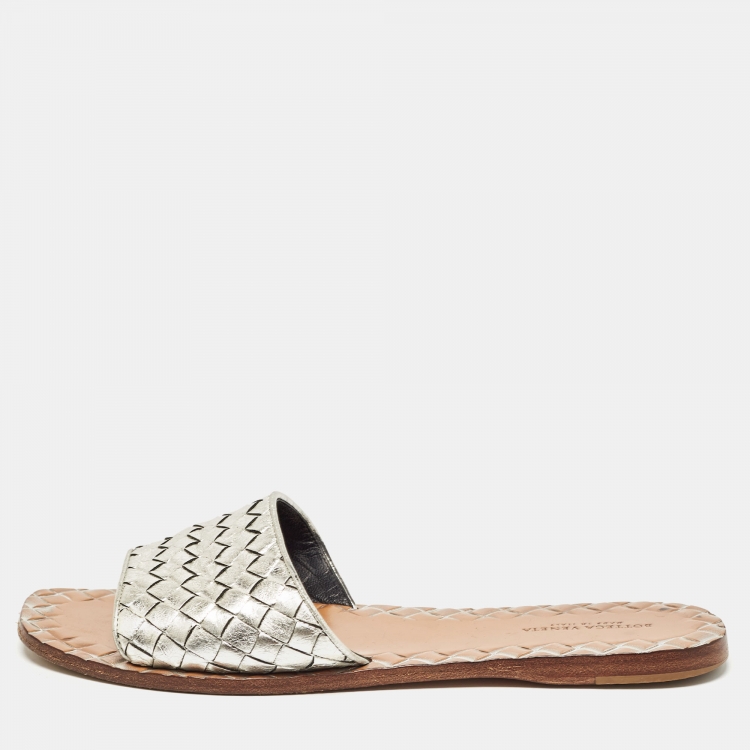 Pre Owned Bottega Veneta Metallic Silver Intrecciato Leather Flat Slides Size 37.5