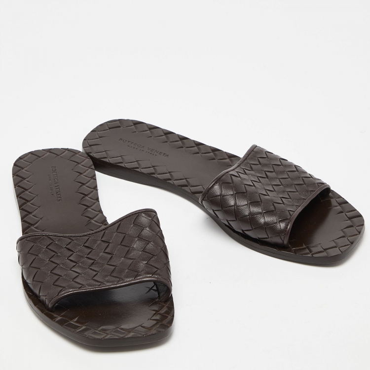 Pre Owned Bottega Veneta Brown Intrecciato Leather Flat Slides Size 36