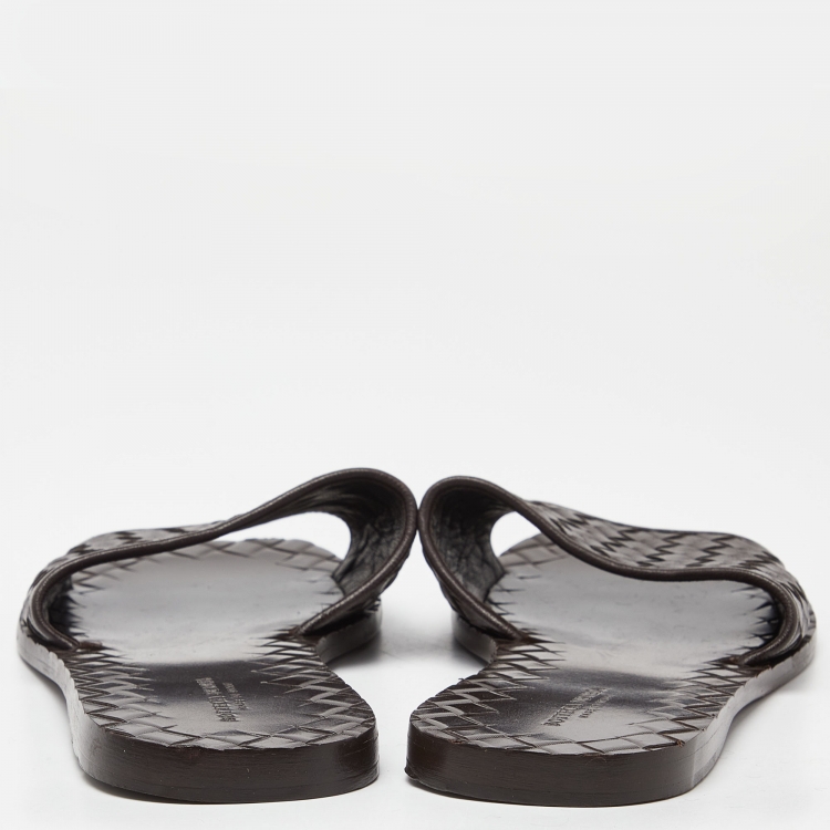 Pre Owned Bottega Veneta Brown Intrecciato Leather Flat Slides Size 36