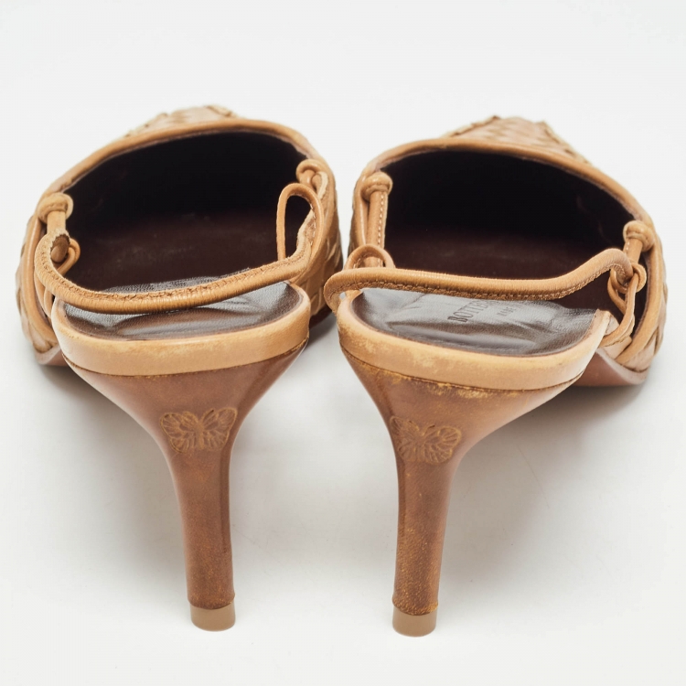 Pre Owned Bottega Veneta Brown Intrecciato Leather Slingback Pumps Size 37