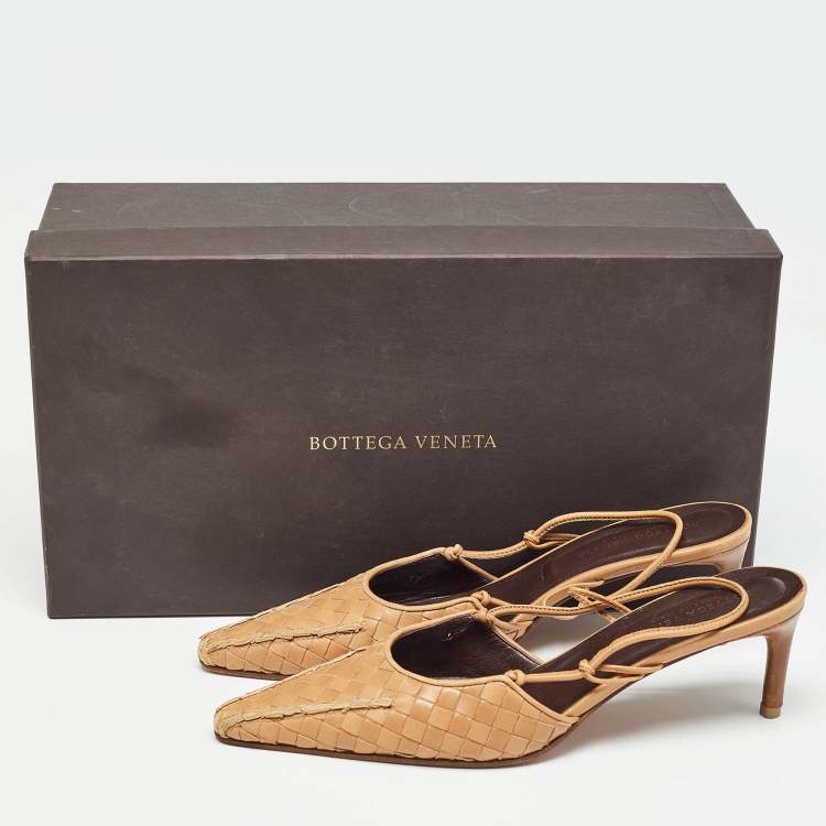 Pre Owned Bottega Veneta Brown Intrecciato Leather Slingback Pumps Size 37