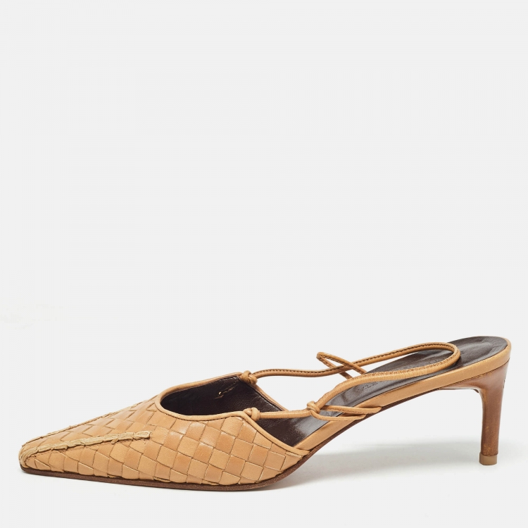 Pre Owned Bottega Veneta Brown Intrecciato Leather Slingback Pumps Size 37