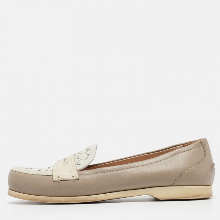 Pre Owned Bottega Veneta Cream/White Leather Loafers  Size 37