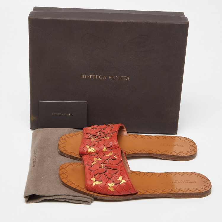 Pre Owned Bottega Veneta Orange Intrecciato Leather Flat Slides Size 39