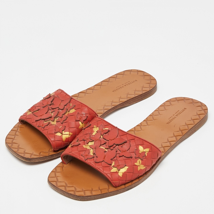Pre Owned Bottega Veneta Orange Intrecciato Leather Flat Slides Size 39