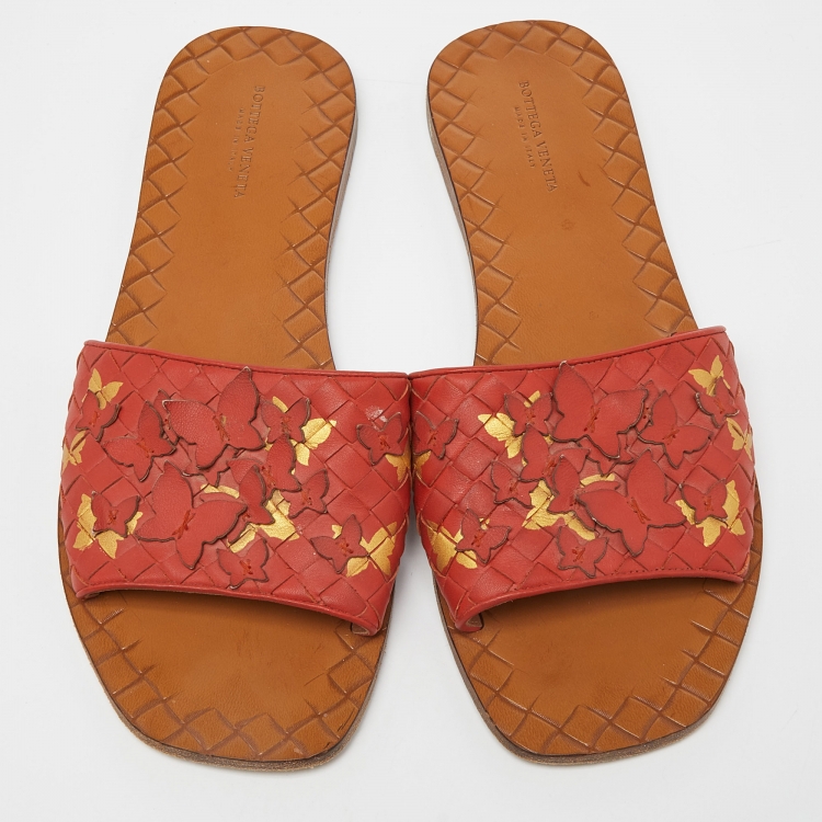 Pre Owned Bottega Veneta Orange Intrecciato Leather Flat Slides Size 39