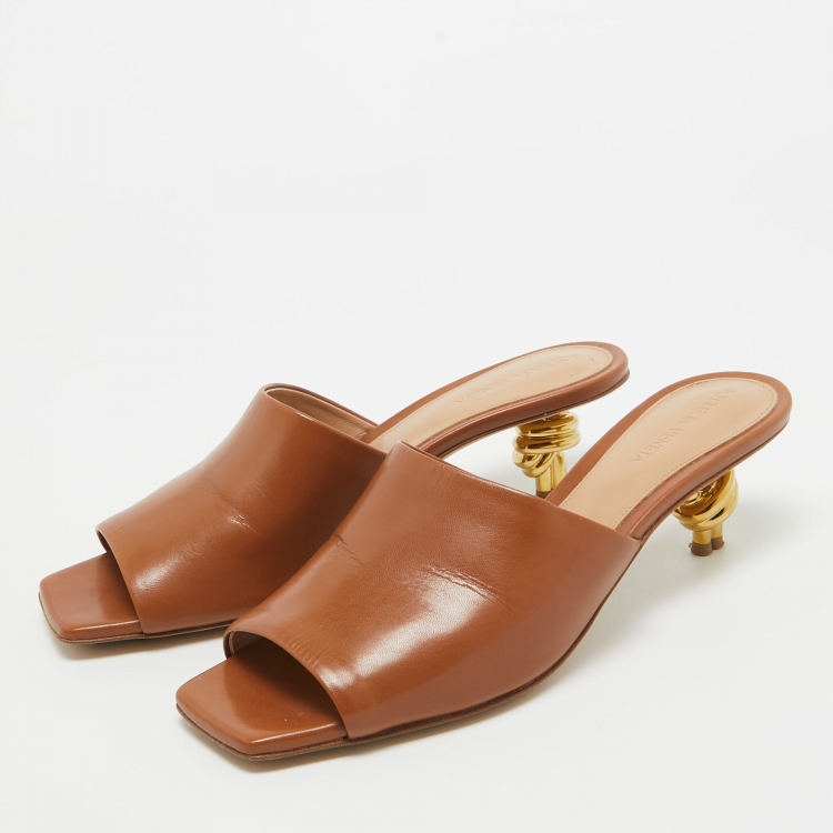 Pre Owned Bottega Veneta Brown Leather Stretch Mules Size 39