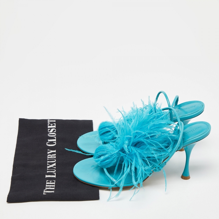 Pre Owned Bottega Veneta Light Blue Leather and Feather Sot Sandals Size 40