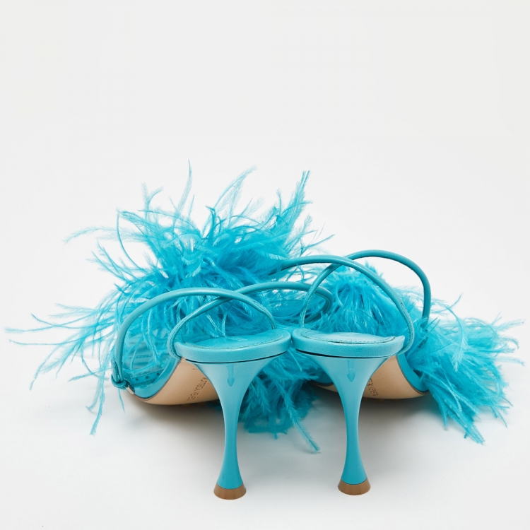 Pre Owned Bottega Veneta Light Blue Leather and Feather Sot Sandals Size 40