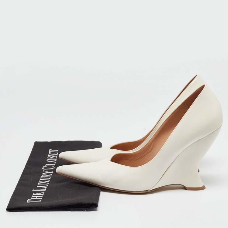 Pre Owned Bottega Veneta White Leather Wedge Pointed Toe Pumps Size 41