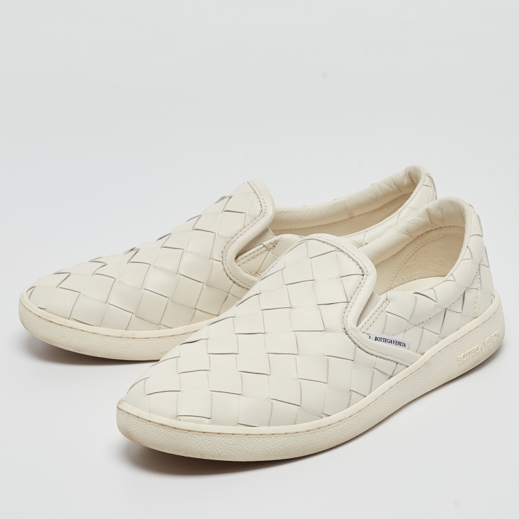 Pre Owned Bottega Veneta Off White Intrecciato Leather Sawyer Sneakers Size 39