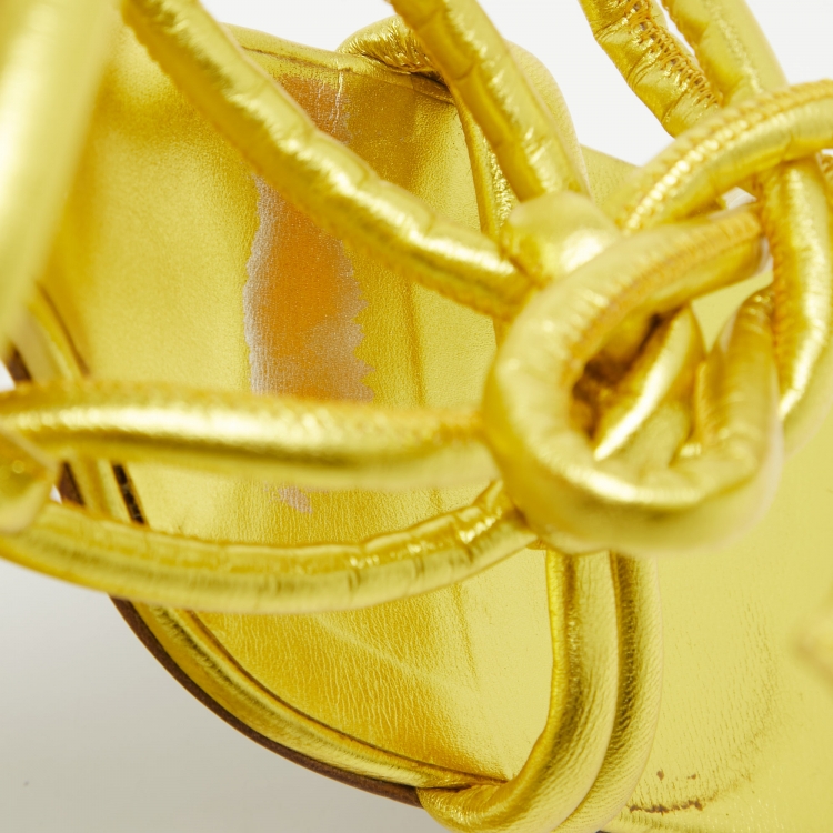 Pre Owned Bottega Veneta Metallic Yellow Knotted Leather Ankle Tie Sandals Size 40