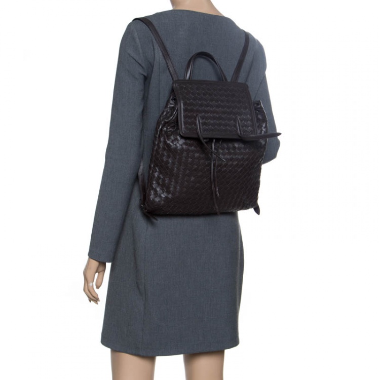 Pre Owned Bottega Veneta Dark Brown Intrecciato Leather Drawstring Flap Backpack