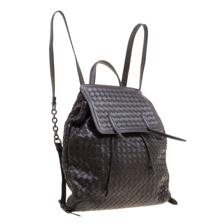 Pre Owned Bottega Veneta Dark Brown Intrecciato Leather Drawstring Flap Backpack