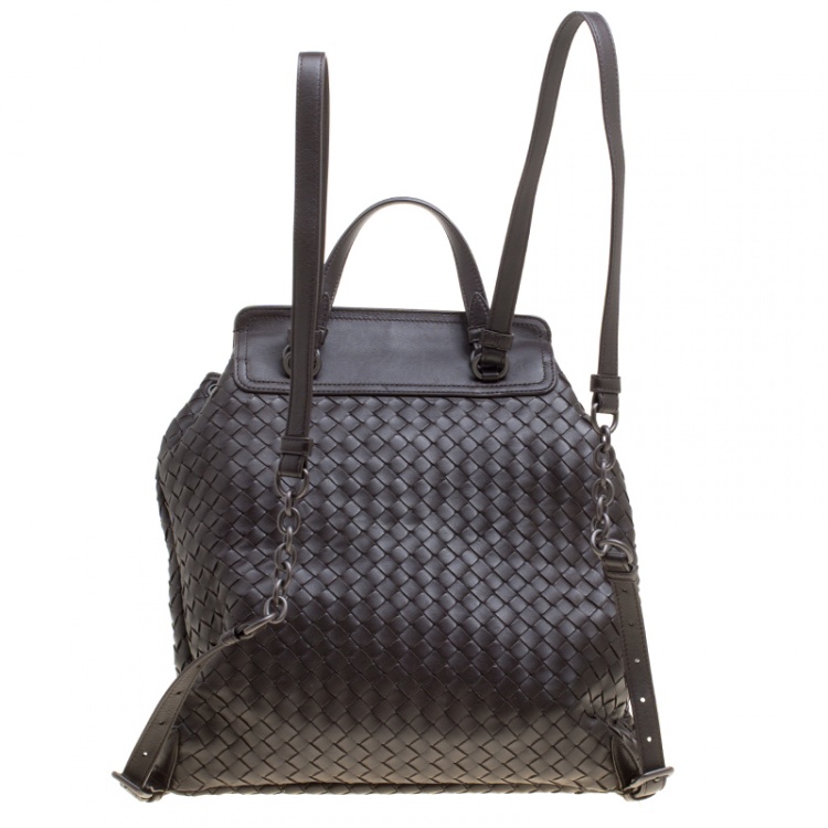 Pre Owned Bottega Veneta Dark Brown Intrecciato Leather Drawstring Flap Backpack