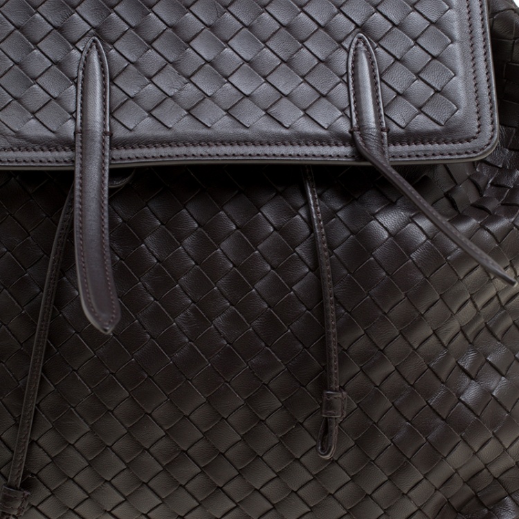 Pre Owned Bottega Veneta Dark Brown Intrecciato Leather Drawstring Flap Backpack