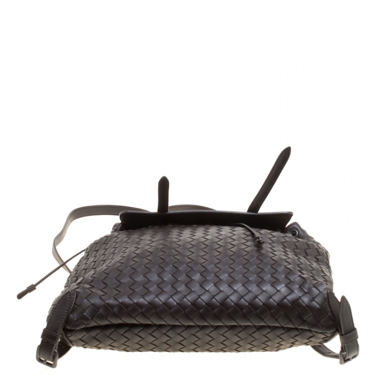 Pre Owned Bottega Veneta Dark Brown Intrecciato Leather Drawstring Flap Backpack