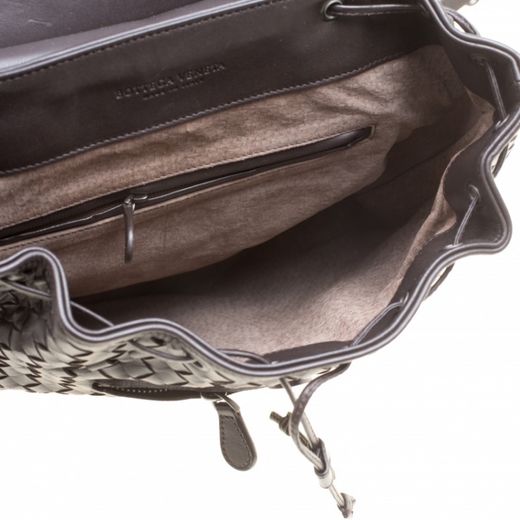 Pre Owned Bottega Veneta Dark Brown Intrecciato Leather Drawstring Flap Backpack