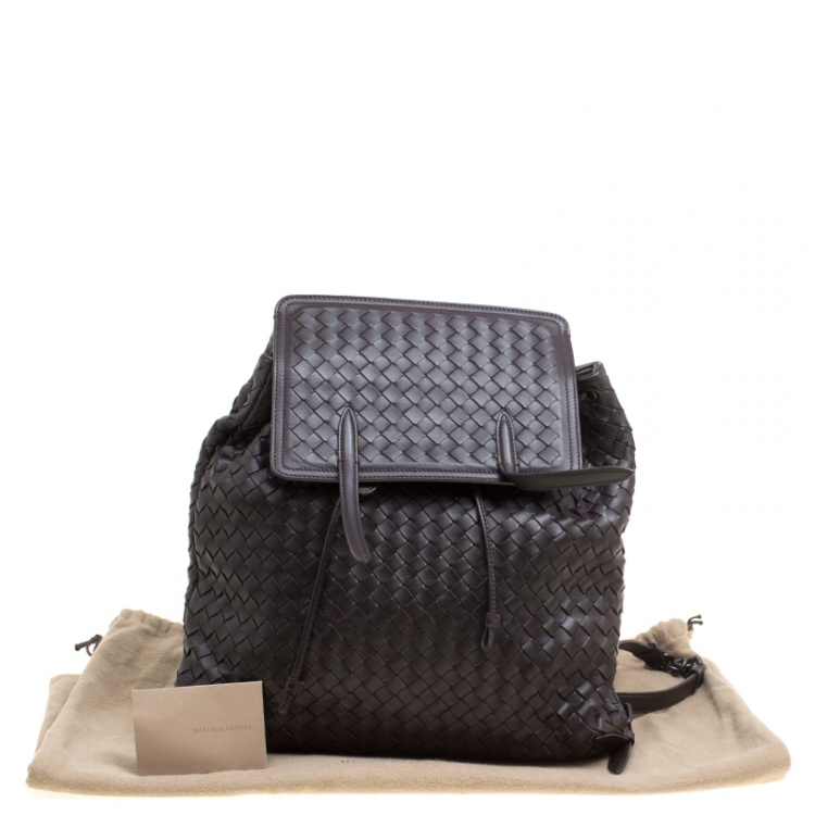 Pre Owned Bottega Veneta Dark Brown Intrecciato Leather Drawstring Flap Backpack