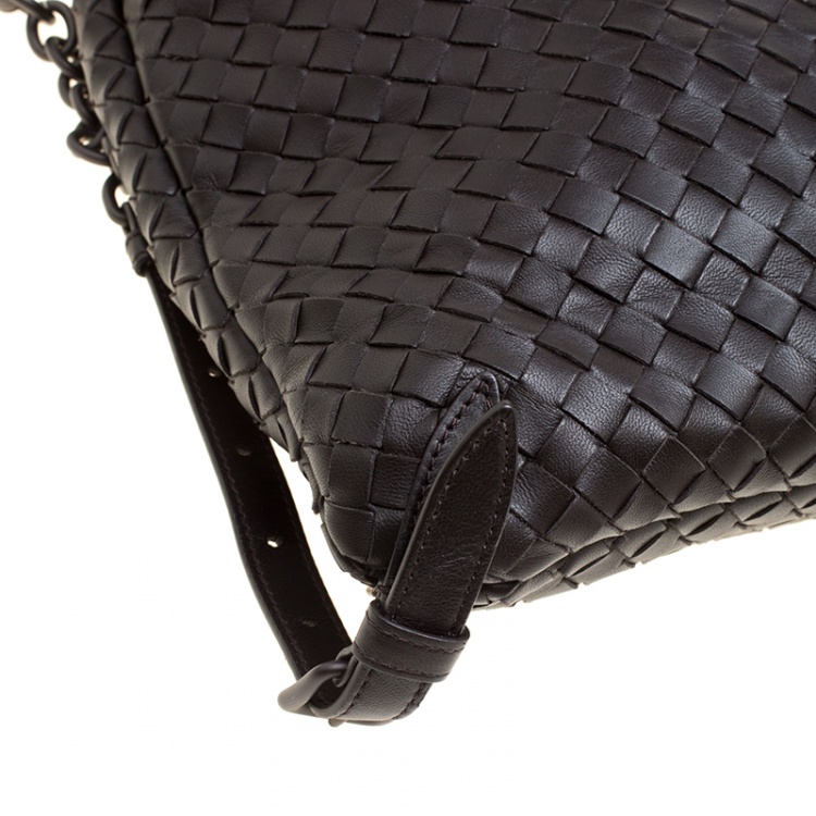 Pre Owned Bottega Veneta Dark Brown Intrecciato Leather Drawstring Flap Backpack
