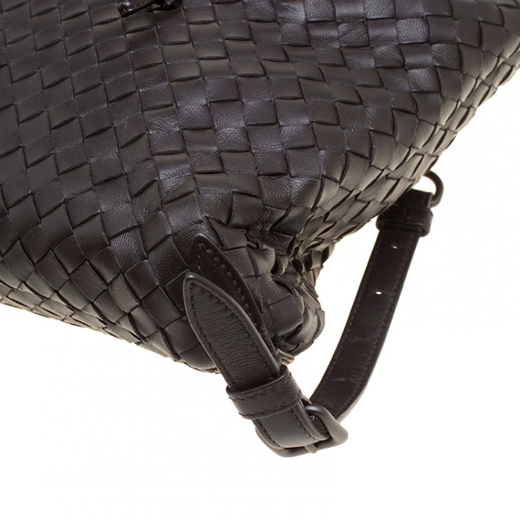 Pre Owned Bottega Veneta Dark Brown Intrecciato Leather Drawstring Flap Backpack