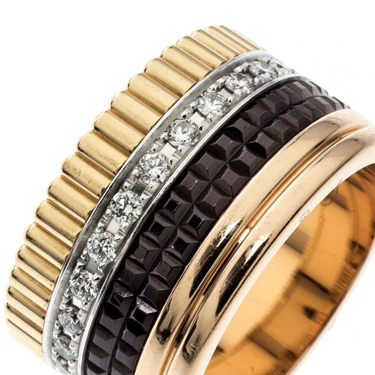 Pre Owned Boucheron Quatre Classique Diamond 18k Three Tone Gold Large Band Ring Size 53