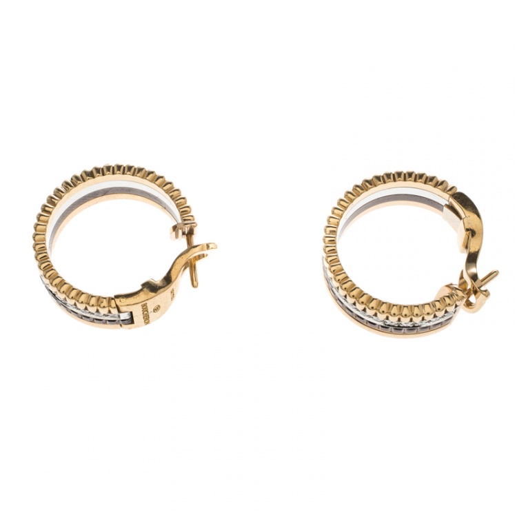 Pre Owned Boucheron Quatre Classique Diamond PVD 18k Three Tone Gold Hoops Earrings